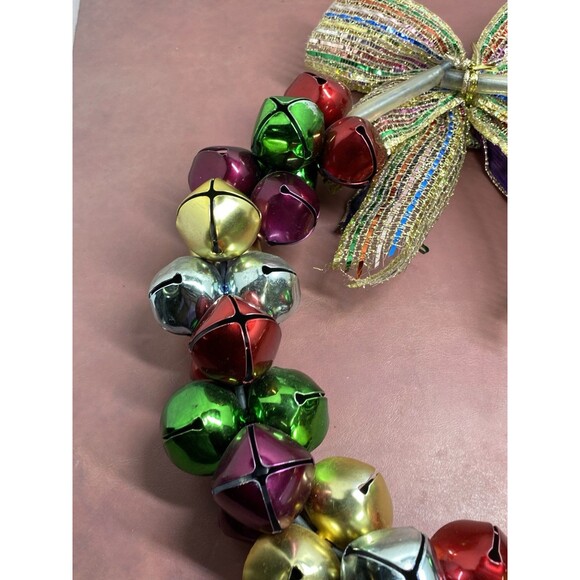 Vintage Christmas Jingle Bells Ribbons 13" Wreath Purple Gold Green Red & Silver - Picture 13 of 16